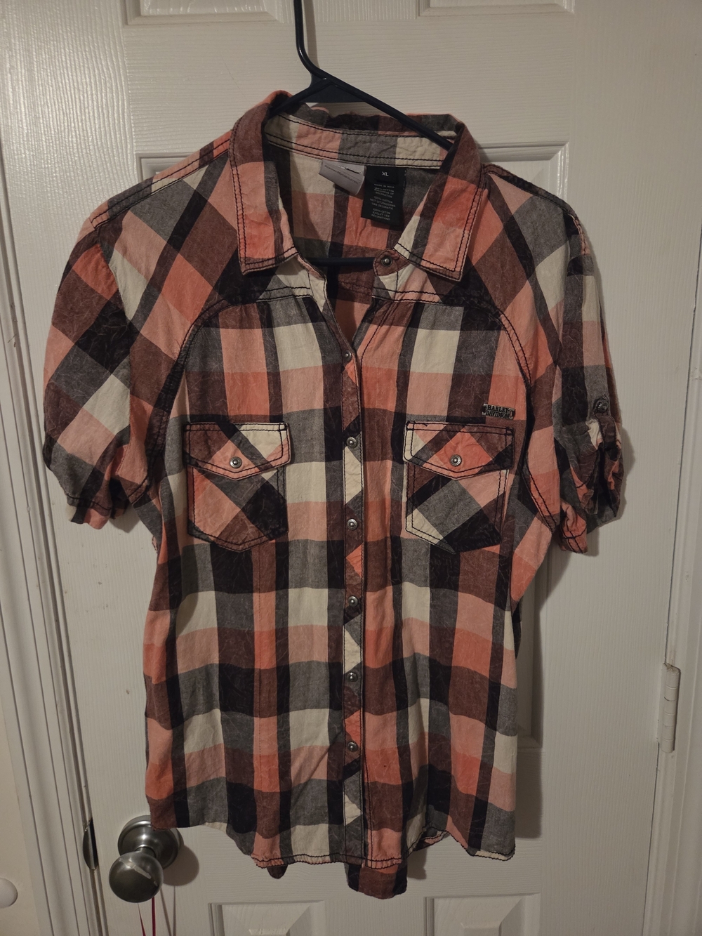 Harley-Davidson Coral, Black & White Plaid Short-Sleeve Button-Down